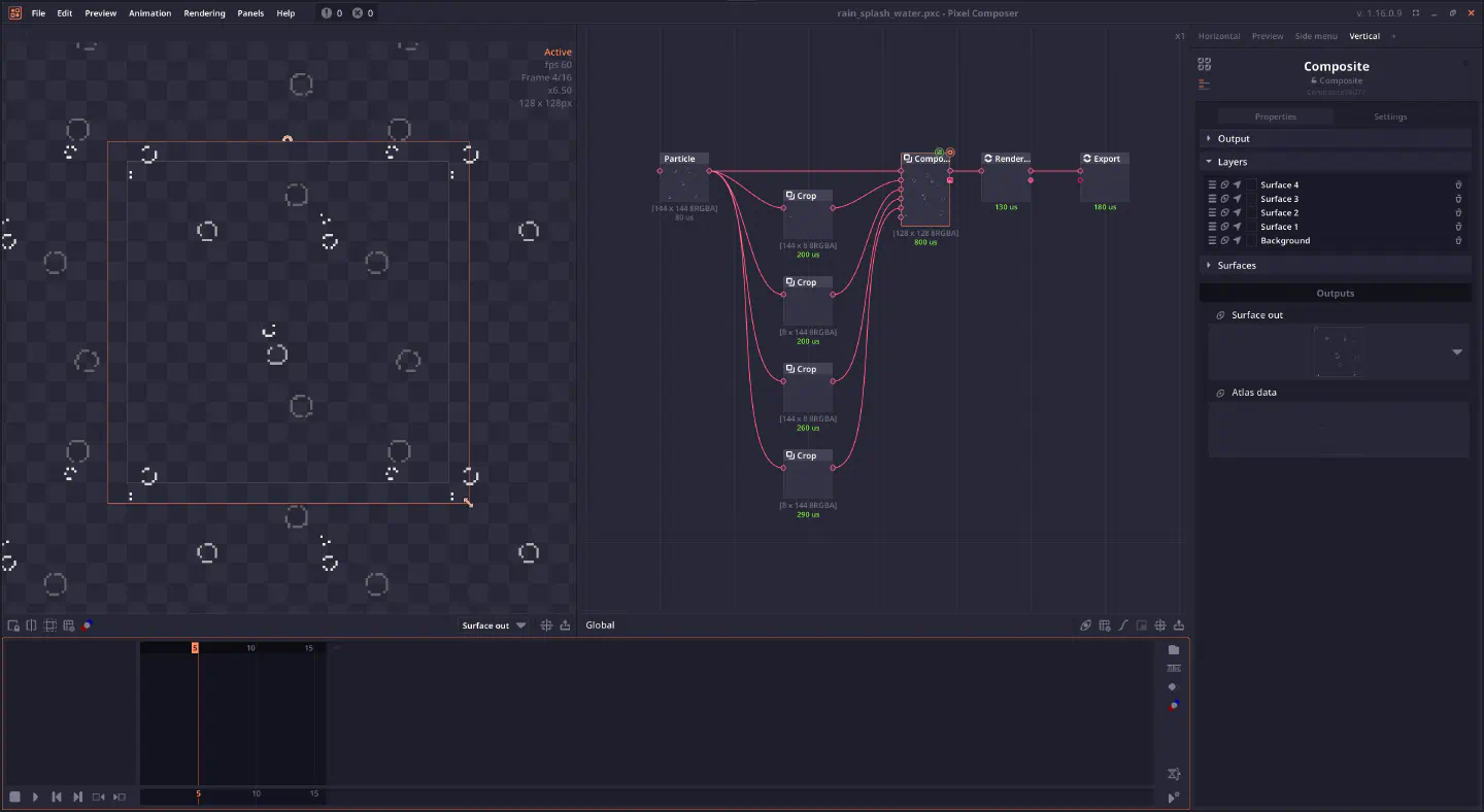 Screenshot of Pixel Composer software when creating water splashes.